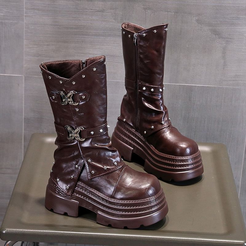 Buckle Platform Boots Mid Calf
