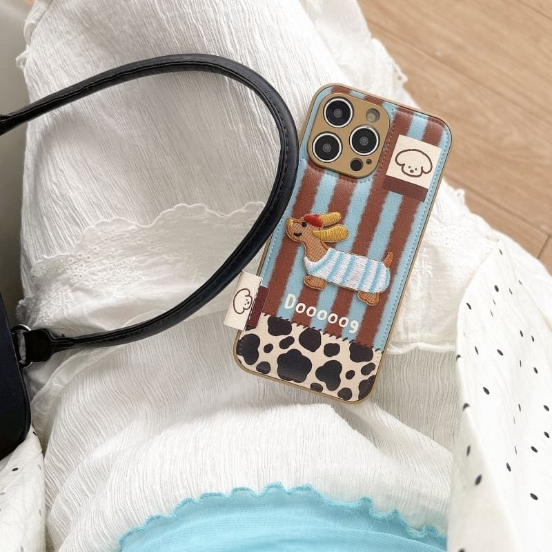 Phone Case Dog Applique Faux Leather