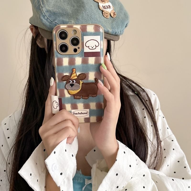 Phone Case Dog Applique Faux Leather