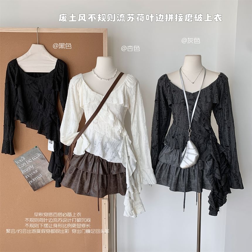 Scoop Asymmetrical Neck Plain Ruffle Top Long-Sleeve Trim
