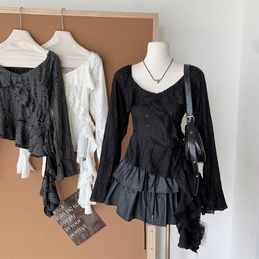 Scoop Asymmetrical Neck Plain Ruffle Top Long-Sleeve Trim