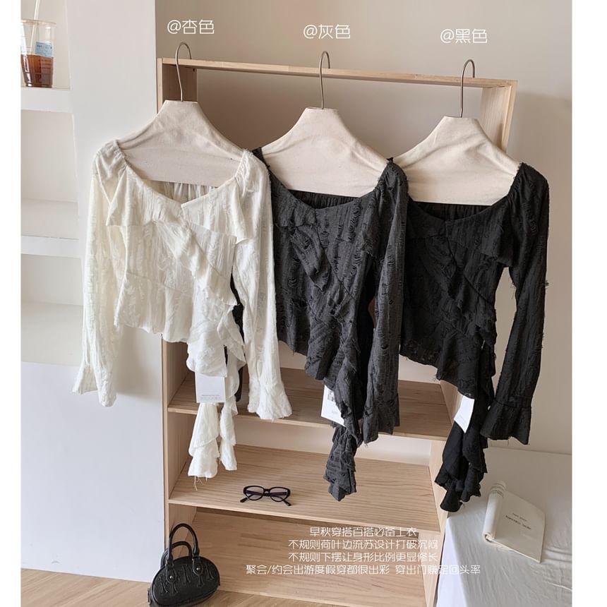 Scoop Asymmetrical Neck Plain Ruffle Top Long-Sleeve Trim