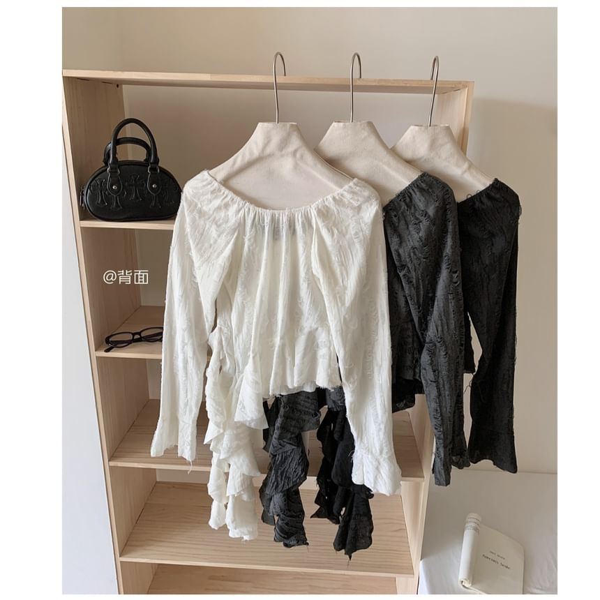 Scoop Asymmetrical Neck Plain Ruffle Top Long-Sleeve Trim