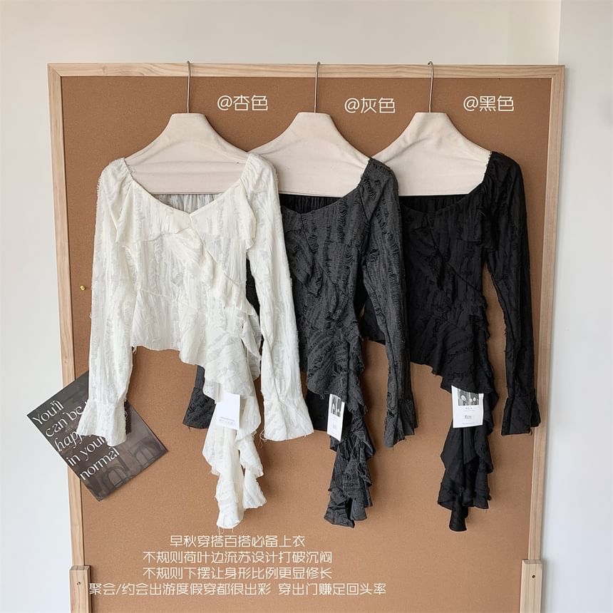 Scoop Asymmetrical Neck Plain Ruffle Top Long-Sleeve Trim