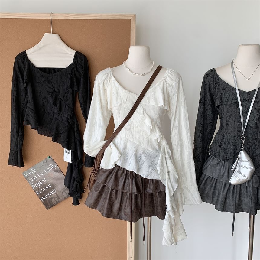 Scoop Asymmetrical Neck Plain Ruffle Top Long-Sleeve Trim