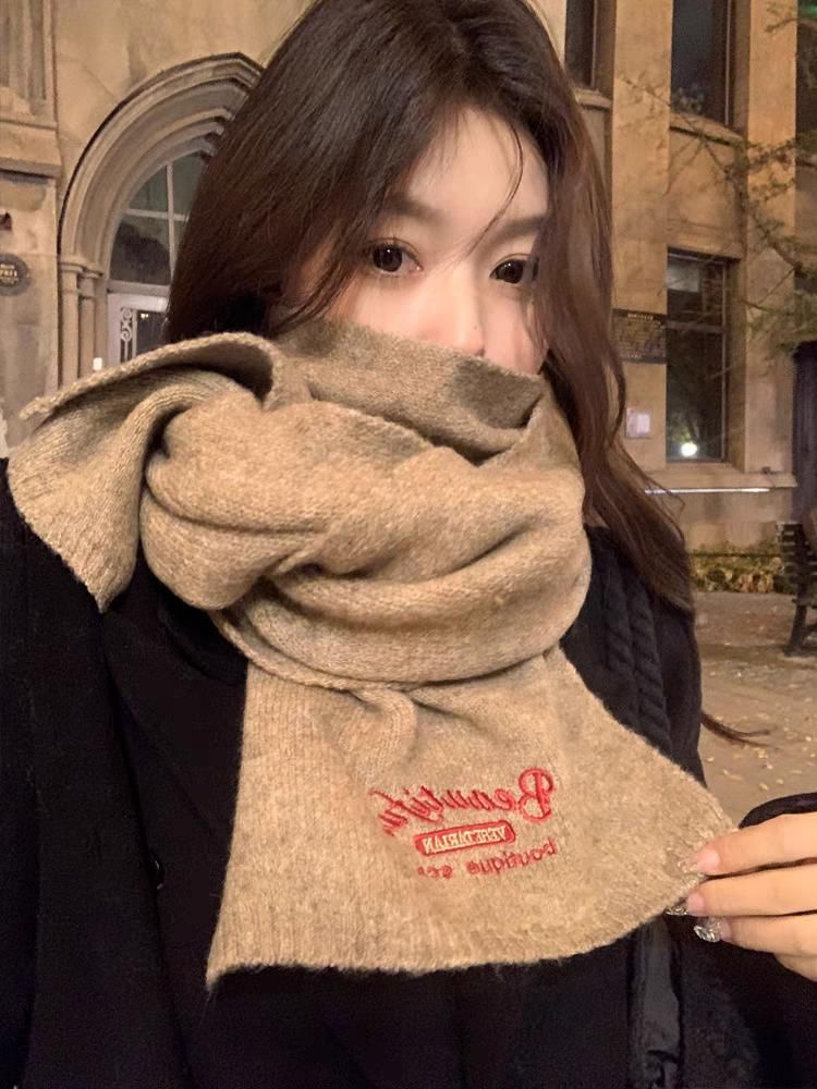 Embroidered Plaid Lettering Scarf Plain /