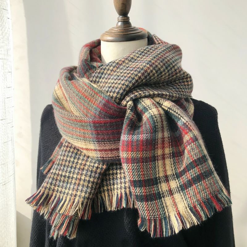 Embroidered Plaid Lettering Scarf Plain /