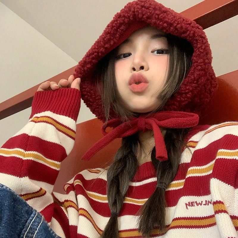 / Tie-Up Fleece Plain Hat Beanie Knit Cable