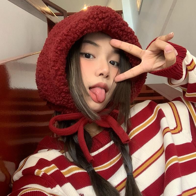 / Tie-Up Fleece Plain Hat Beanie Knit Cable