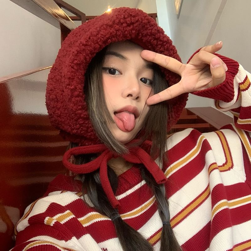 / Tie-Up Fleece Plain Hat Beanie Knit Cable