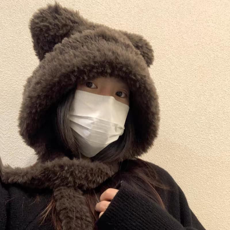 Ribbed Beanie / Ear Bear Plain Hat Fluffy