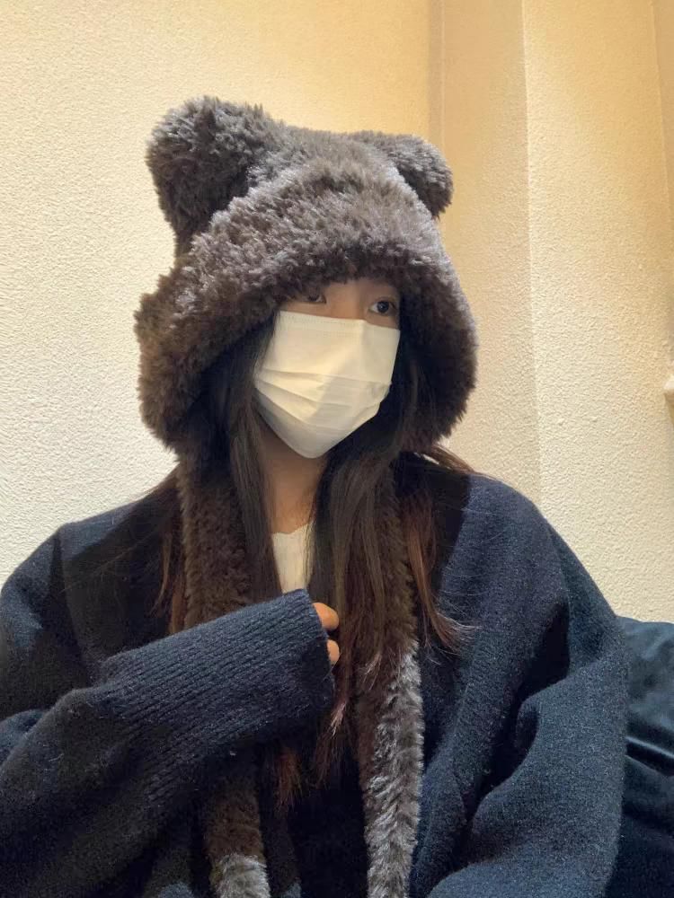 Ribbed Beanie / Ear Bear Plain Hat Fluffy