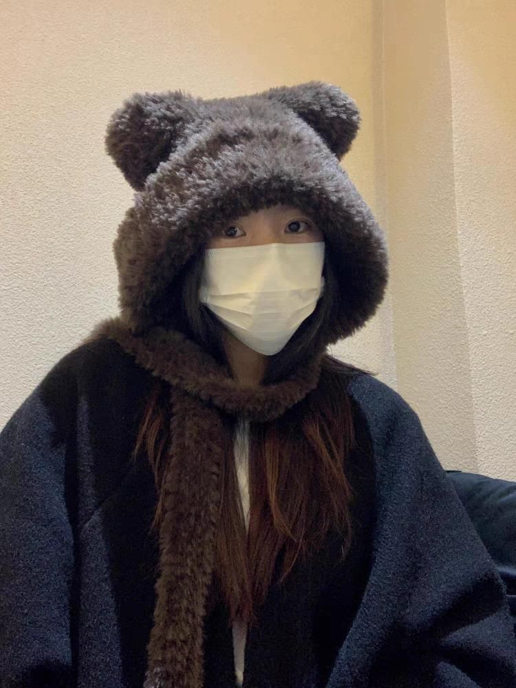 Ribbed Beanie / Ear Bear Plain Hat Fluffy