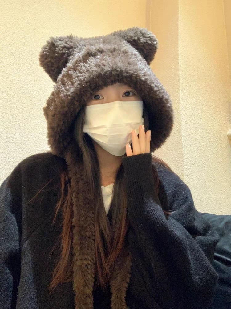 Ribbed Beanie / Ear Bear Plain Hat Fluffy