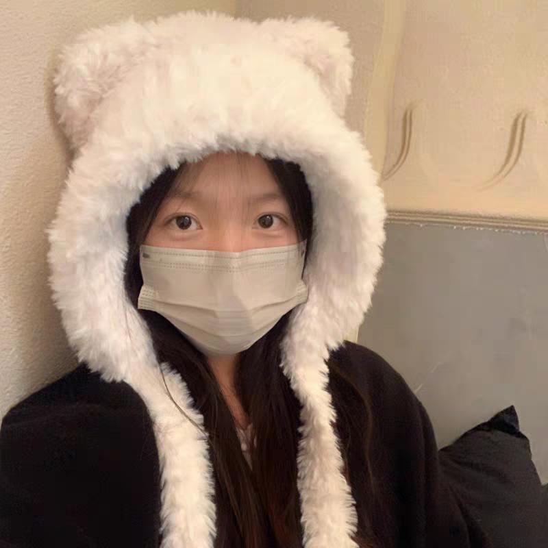 Ribbed Beanie / Ear Bear Plain Hat Fluffy