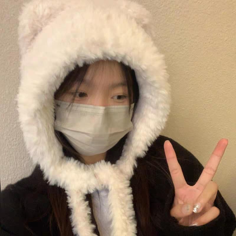 Bear Plain Ear Fluffy Hat / Ribbed Beanie