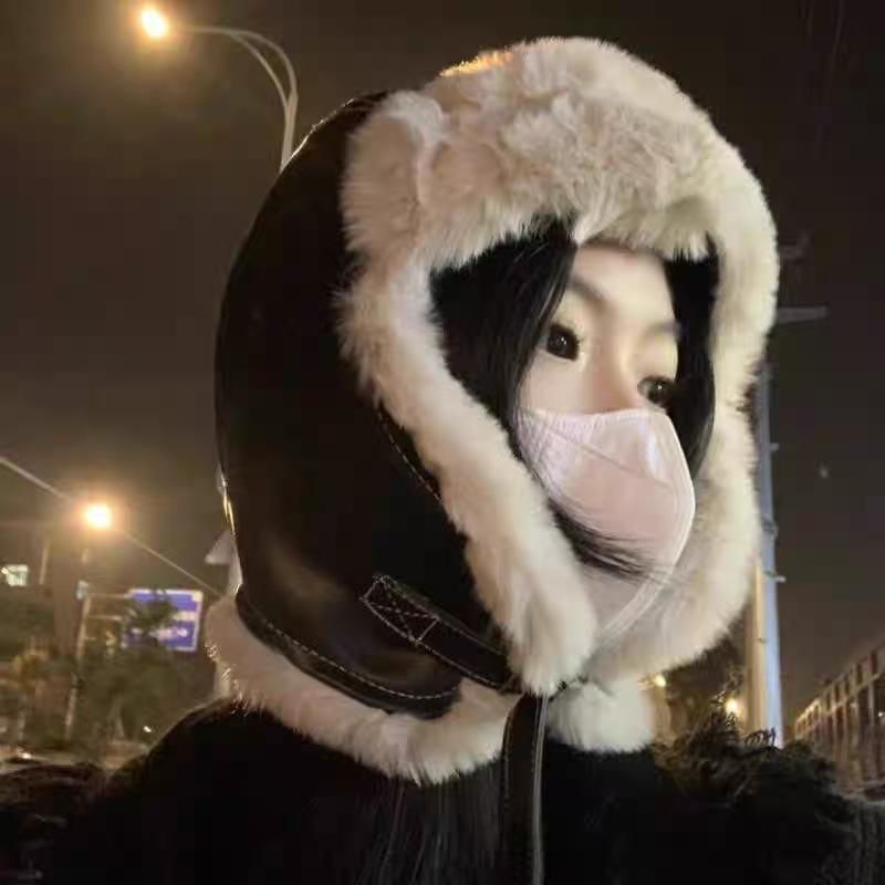 Hat Fluffy / Plain Leather Trapper Faux Panel