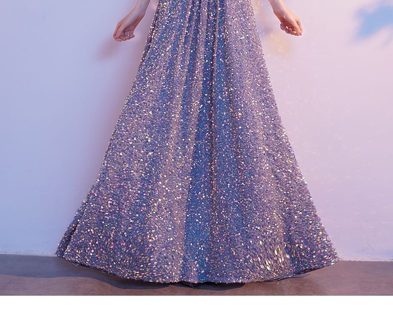 A-Line Sequin Elbow-Sleeve Gown V-Neck Evening
