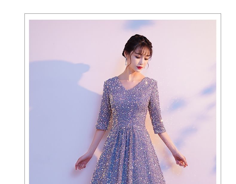 A-Line Sequin Elbow-Sleeve Gown V-Neck Evening