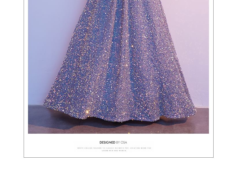 A-Line Sequin Elbow-Sleeve Gown V-Neck Evening
