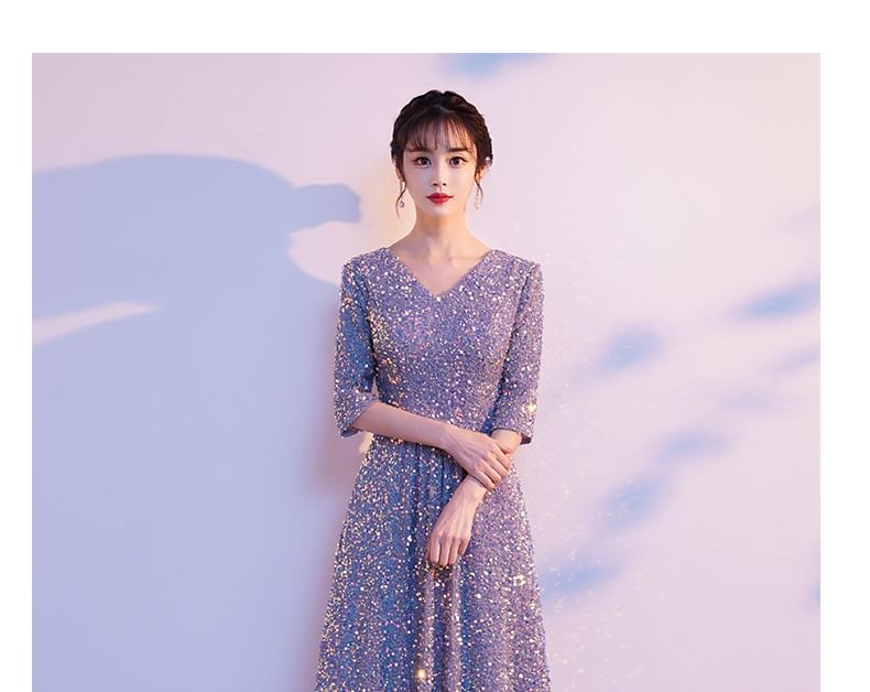 A-Line Sequin Elbow-Sleeve Gown V-Neck Evening
