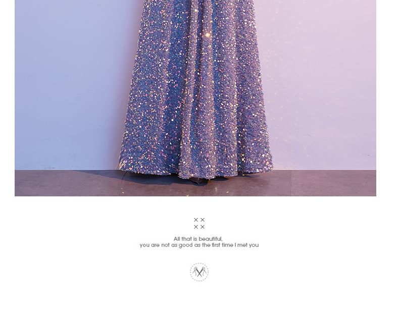 A-Line Sequin Elbow-Sleeve Gown V-Neck Evening