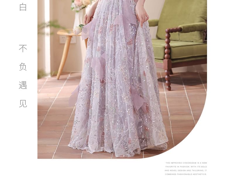 Embroidered A-Line Gown Flower Puff-Sleeve Sequin Evening