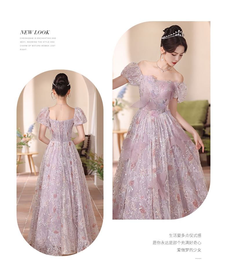 Embroidered A-Line Gown Flower Puff-Sleeve Sequin Evening