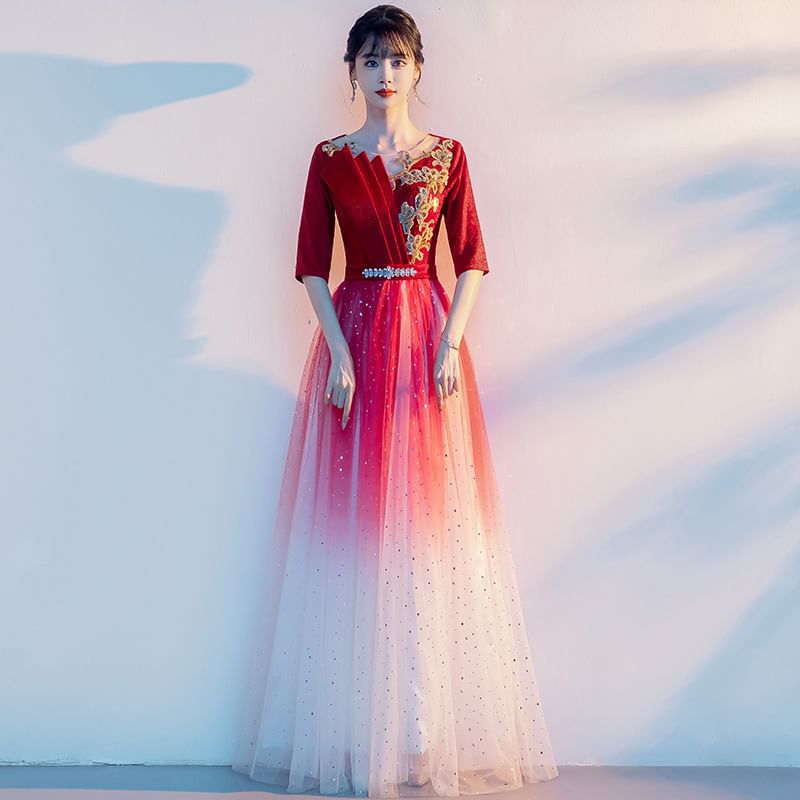 Gown Gradient Flower Elbow-Sleeve A-Line Sequin Embroidered Evening