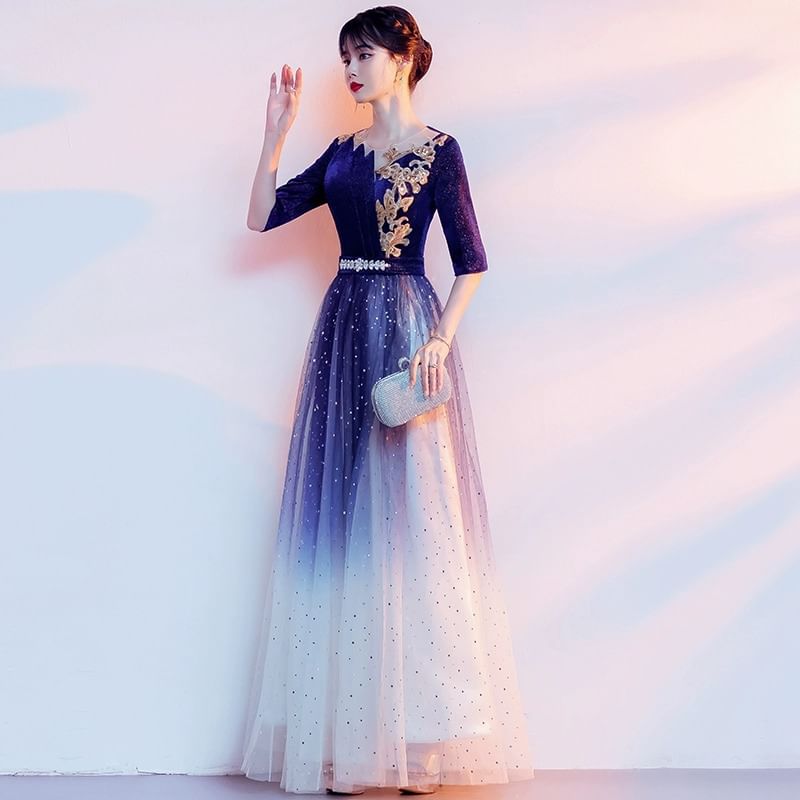 Gown Gradient Flower Elbow-Sleeve A-Line Sequin Embroidered Evening