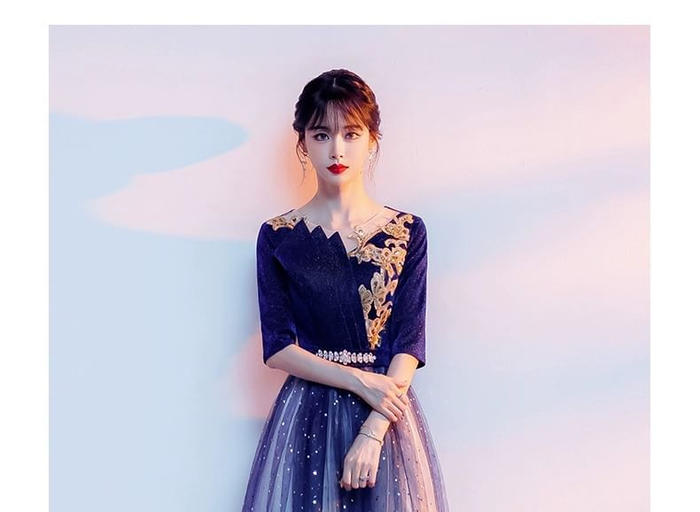 Gown Gradient Flower Elbow-Sleeve A-Line Sequin Embroidered Evening