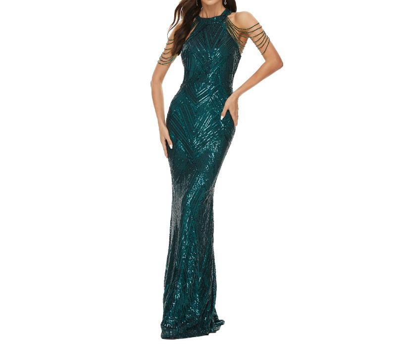 Sequin Beaded Strappy Evening Mermaid Gown Halter