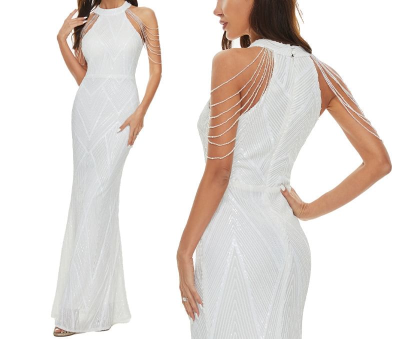 Sequin Beaded Strappy Evening Mermaid Gown Halter
