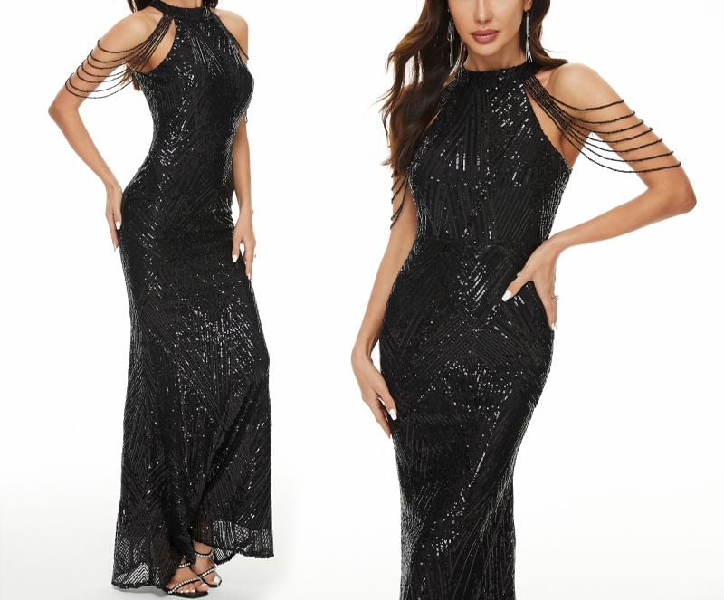 Sequin Beaded Strappy Evening Mermaid Gown Halter