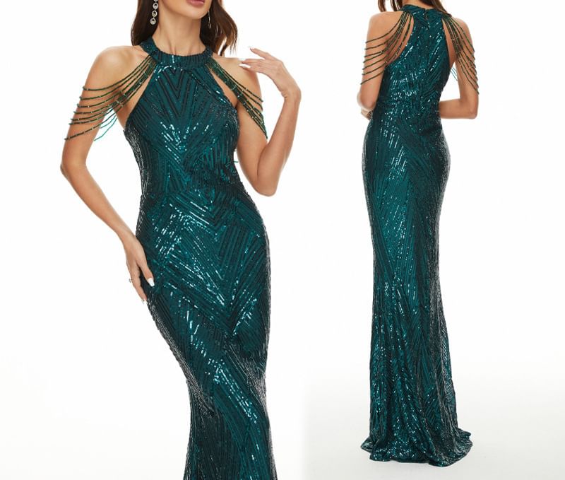 Sequin Beaded Strappy Evening Mermaid Gown Halter