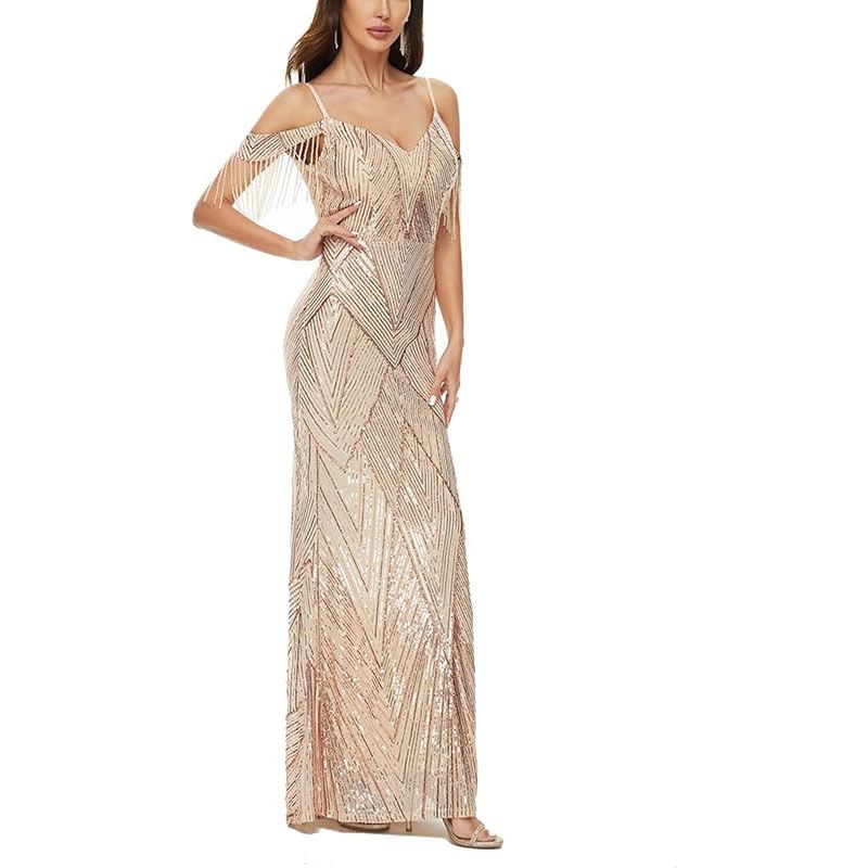 Beaded Gown Sequin Evening Trumpet Cold-Shoulder