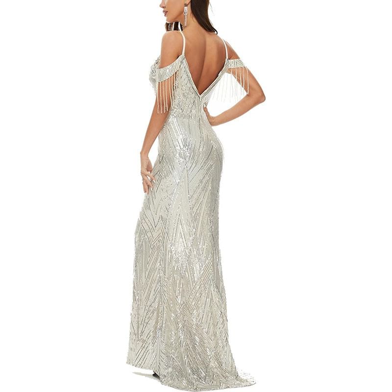 Beaded Gown Sequin Evening Trumpet Cold-Shoulder