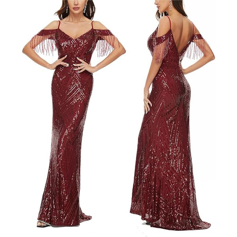 Beaded Gown Sequin Evening Trumpet Cold-Shoulder