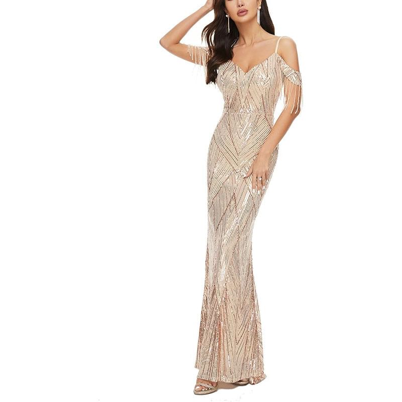 Beaded Gown Sequin Evening Trumpet Cold-Shoulder