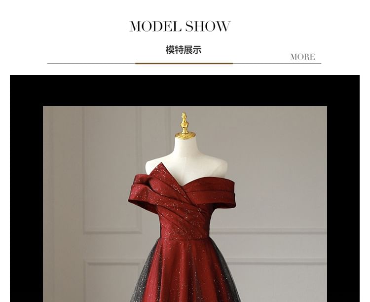 Evening A-Line Asymmetrical Glitter Off-Shoulder Panel Mesh Gown