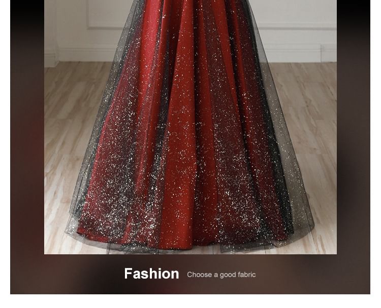 Evening A-Line Asymmetrical Glitter Off-Shoulder Panel Mesh Gown