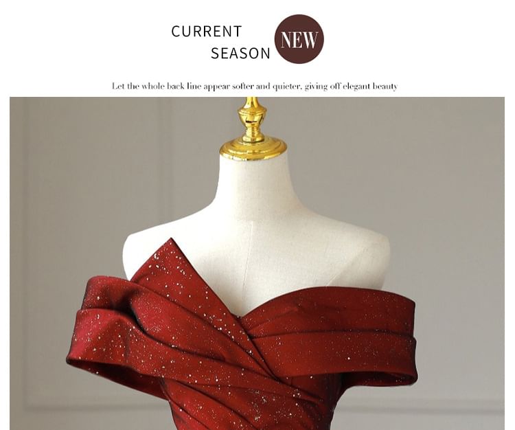 Evening A-Line Asymmetrical Glitter Off-Shoulder Panel Mesh Gown