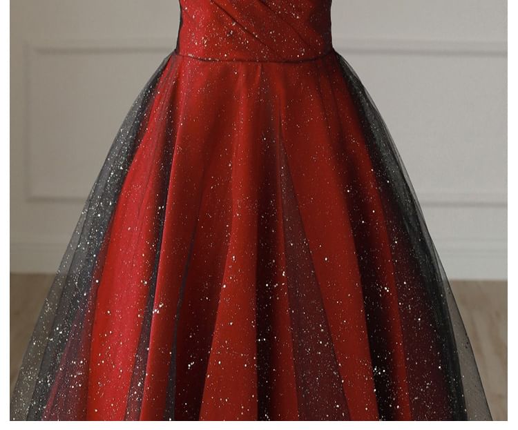 Evening A-Line Asymmetrical Glitter Off-Shoulder Panel Mesh Gown