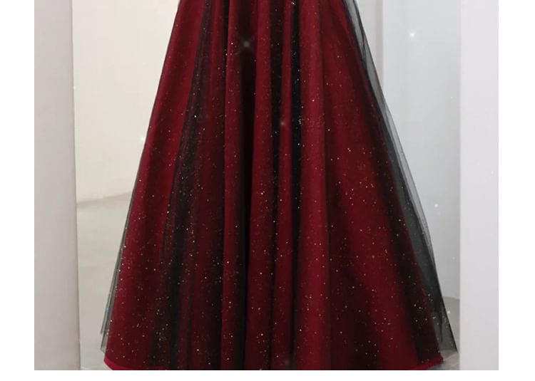 Evening A-Line Asymmetrical Glitter Off-Shoulder Panel Mesh Gown