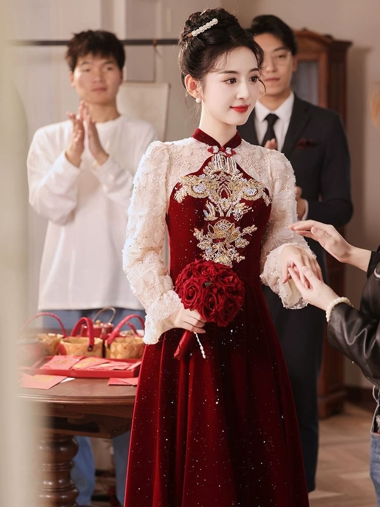 Sequin Gown Puff-Sleeve Flower Embroidered Evening A-Line