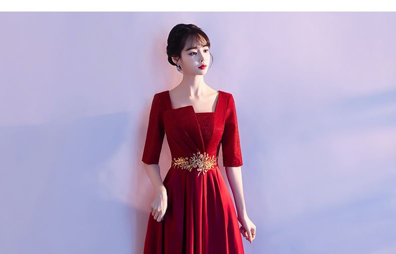 Neck A-Line Square Elbow-Sleeve Evening Embroidered Gown