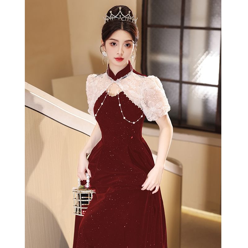 Puff-Sleeve Mock Neck Two Tone Flower Embroidered Glitter A-Line Evening Gown