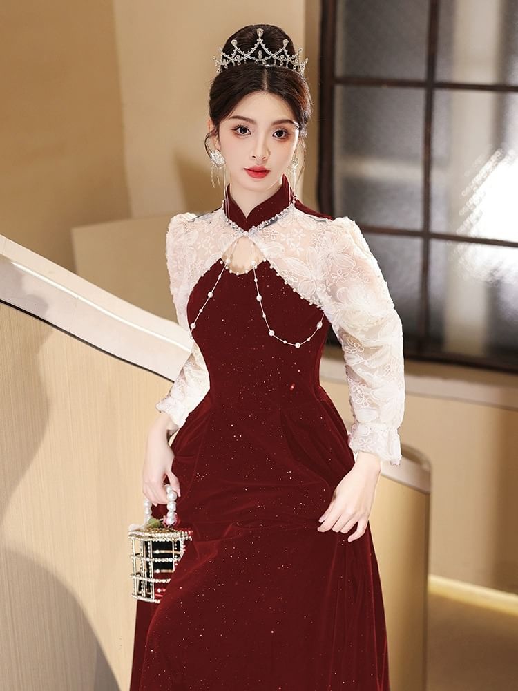 Puff-Sleeve Mock Neck Two Tone Flower Embroidered Glitter A-Line Evening Gown