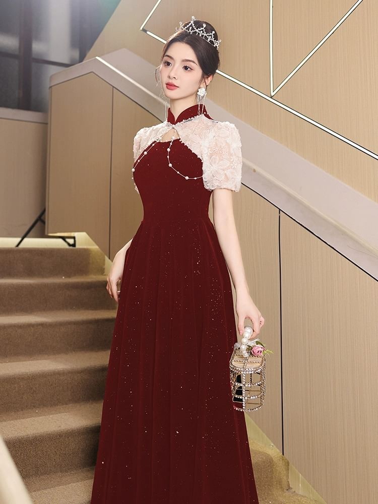 Puff-Sleeve Mock Neck Two Tone Flower Embroidered Glitter A-Line Evening Gown