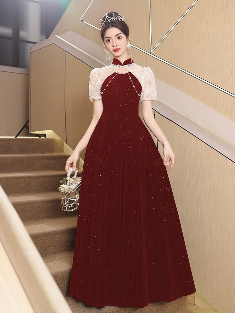 Embroidered Evening Neck Puff-Sleeve Glitter Tone Two Flower A-Line Gown Mock